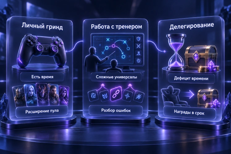Самостоятельный фарм, работа с тренером или делегирование задач