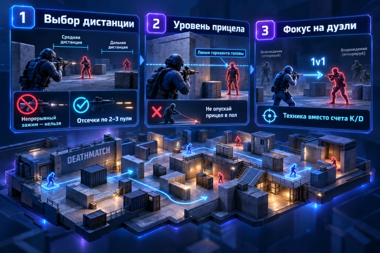 Этап 3: Практика на Deathmatch против живых игроков (10 минут)